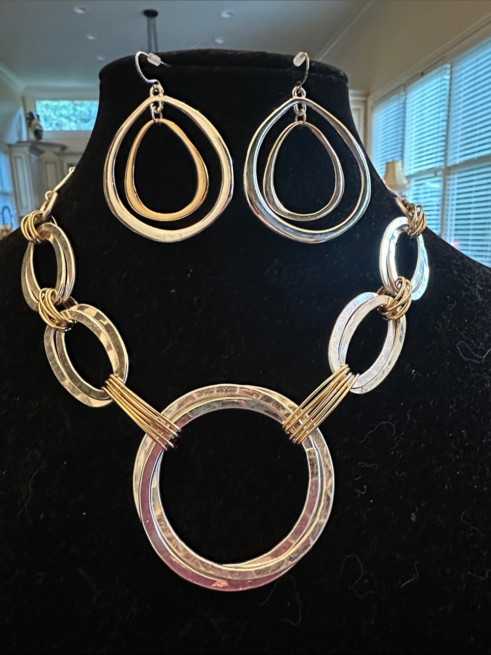 Silver & Gold Tone Hoop Link Necklace & Earrings Set, Classic.